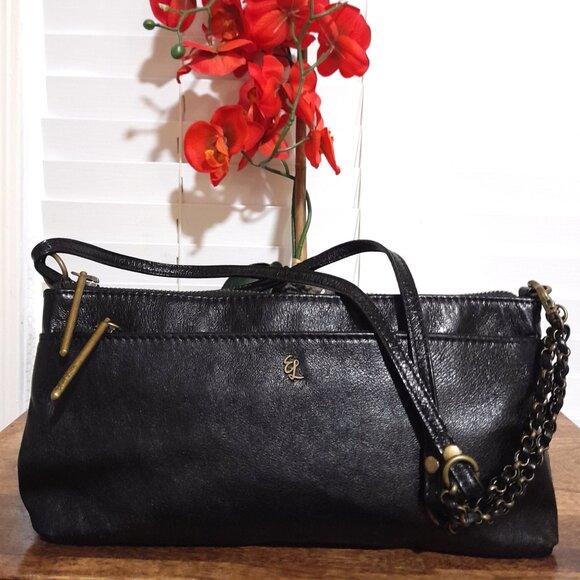 Black Leather Elliott Lucca Double Strap Minimalist  Rectangle Shoulder Bag - Picture 1 of 12